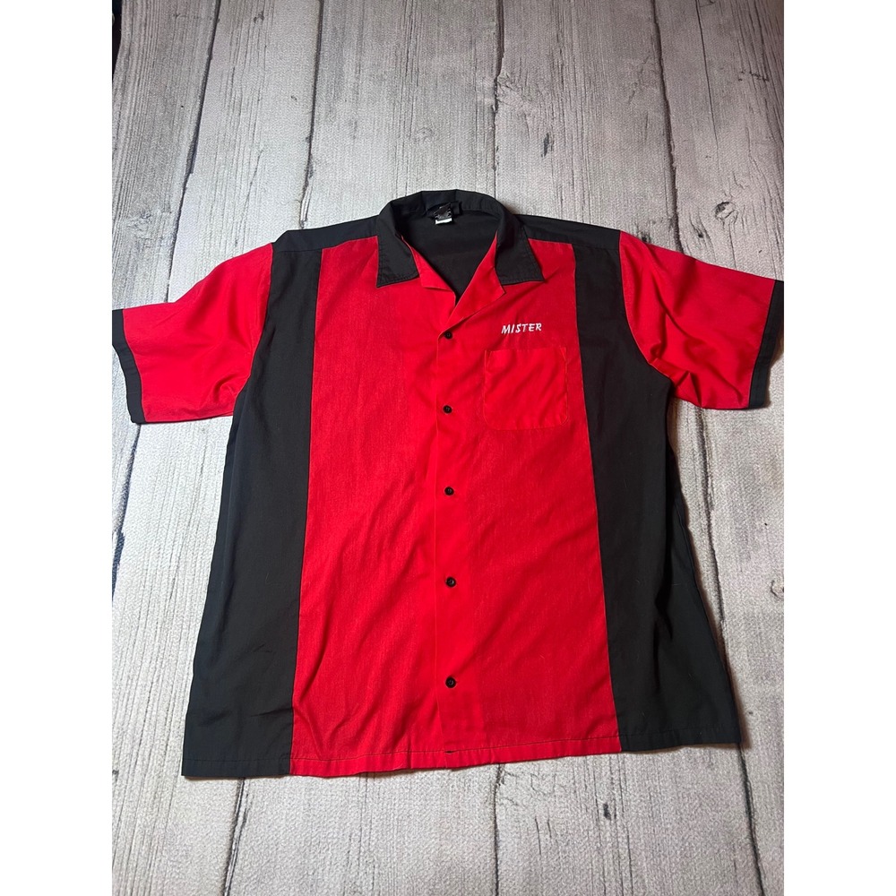 Hilton Bowling Shirt‎ Mens XL Red Black Retro Rockabilly Mister Embroidered